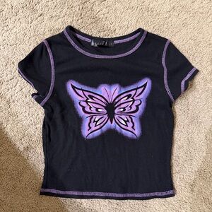 Butterfly Graphic Crop Top Baby Tee with Purple Contrast Stitching